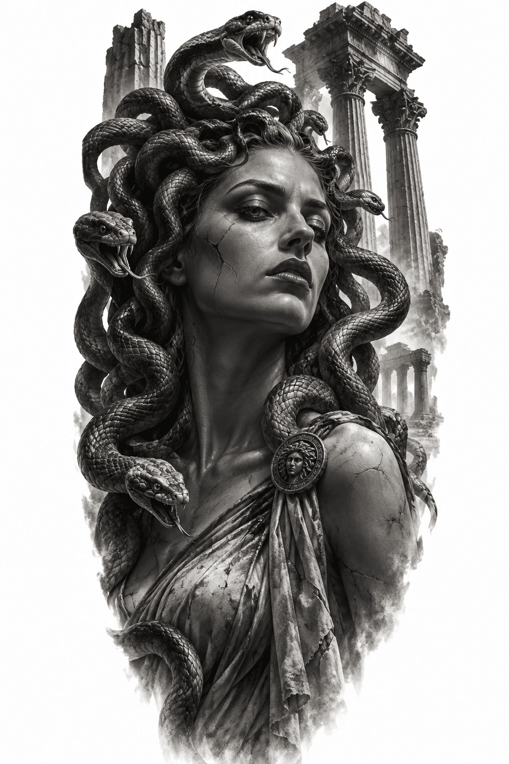 Concept de tattoo: Medusa, Serpentes, Ruínas